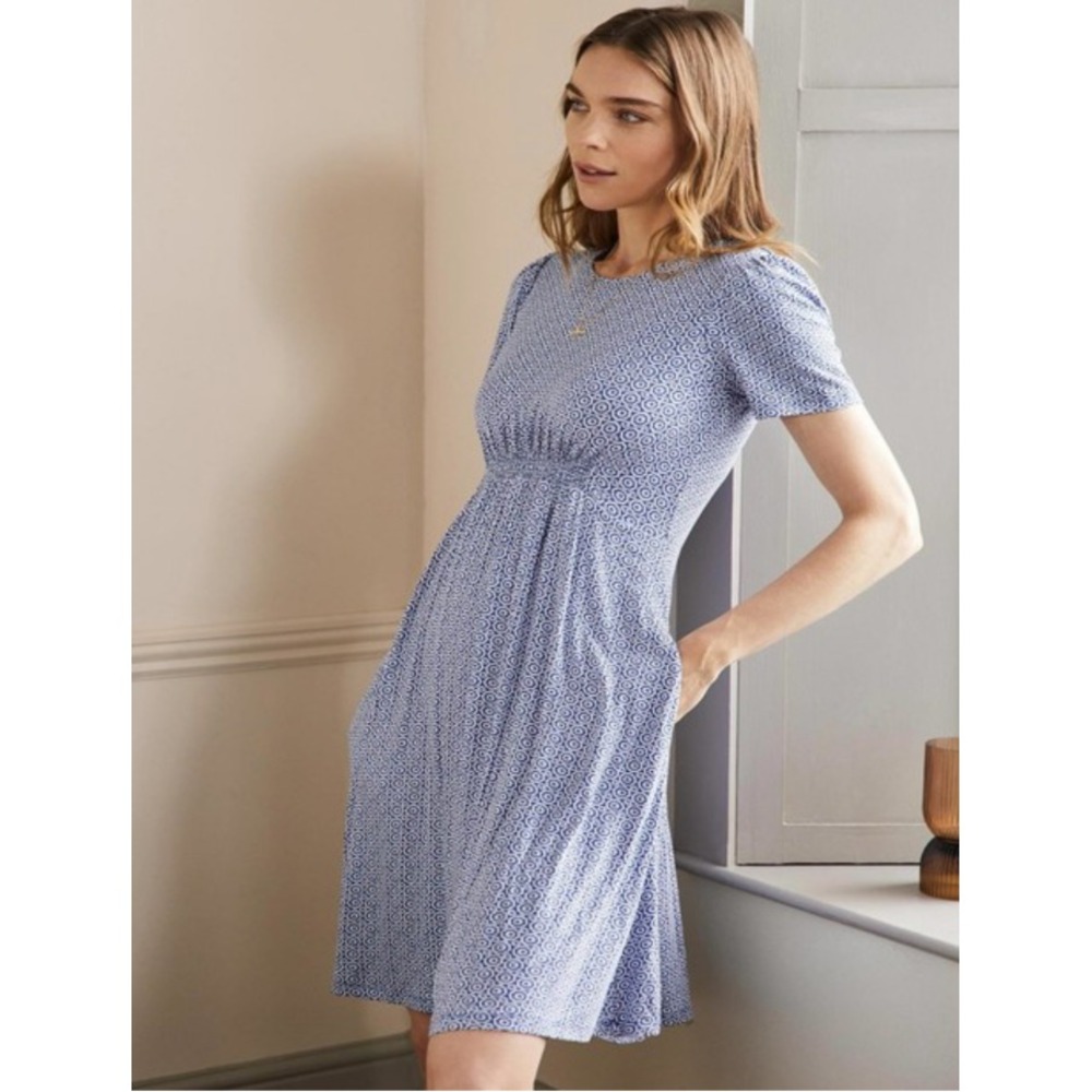 Boden Fawn Jersey Dress Size 8R Blue White Artsy Geometric Stretch Pocket
